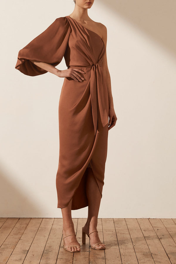 LUXE TIE FRONT ONE SHOULDER DRESS - MOCHA_P