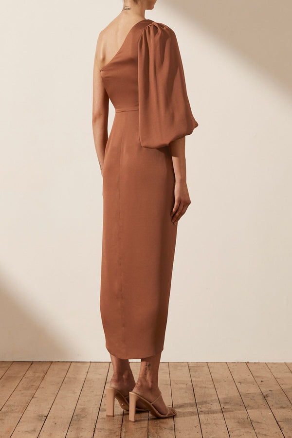 LUXE TIE FRONT ONE SHOULDER DRESS - MOCHA_B