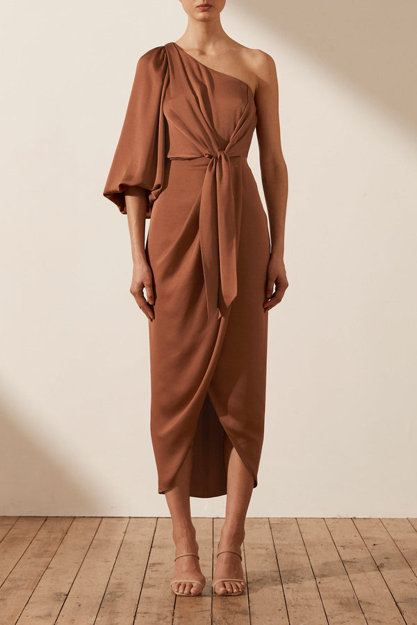 LUXE TIE FRONT ONE SHOULDER DRESS - MOCHA_F