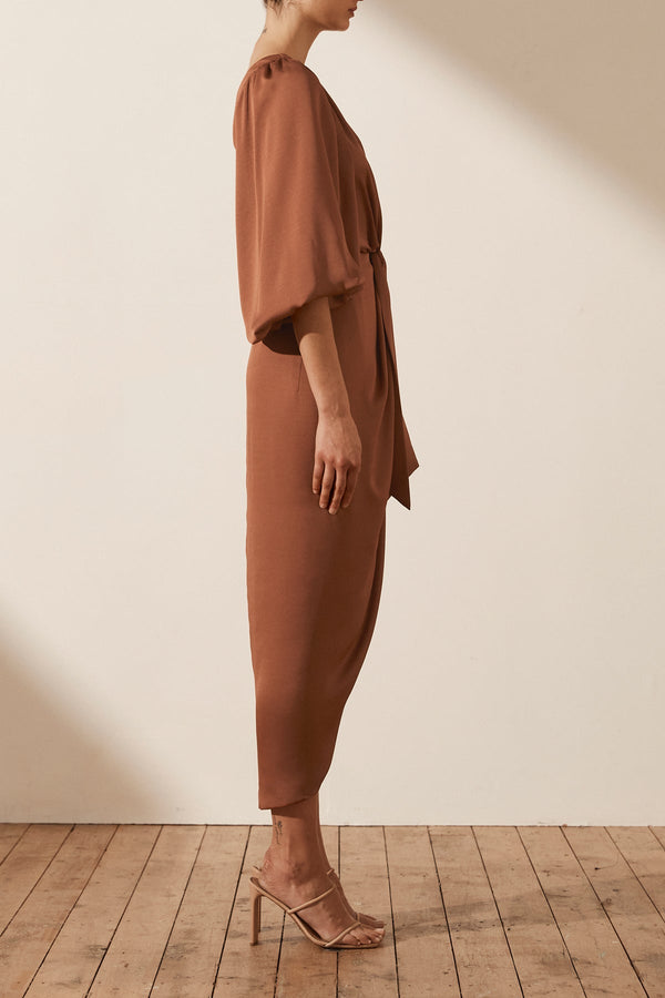 LUXE TIE FRONT ONE SHOULDER DRESS - MOCHA_S