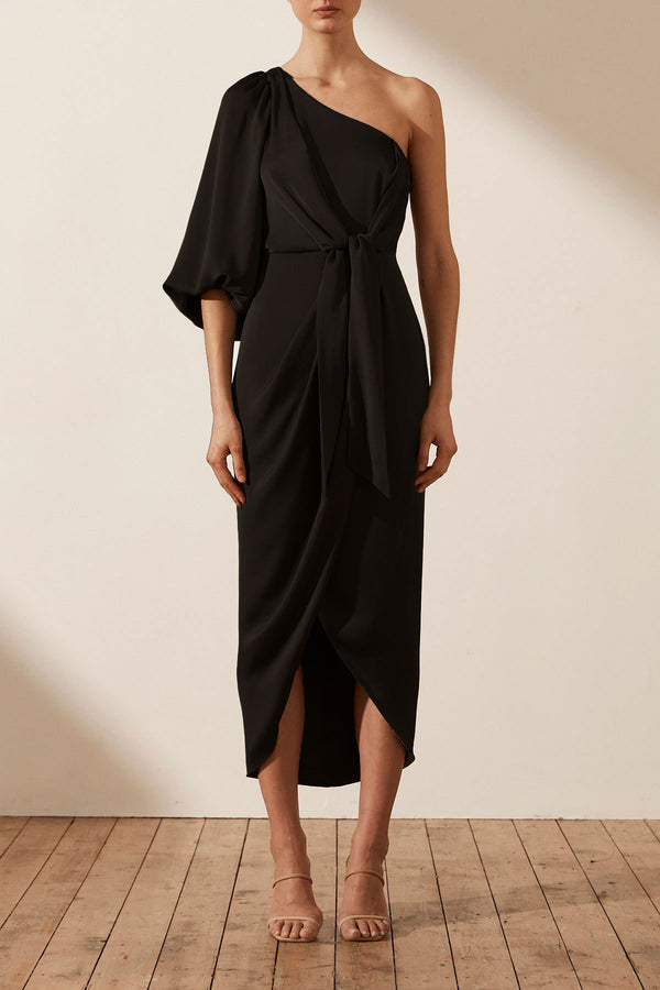 LUXE TIE FRONT ONE SHOULDER DRESS - ONYX_F
