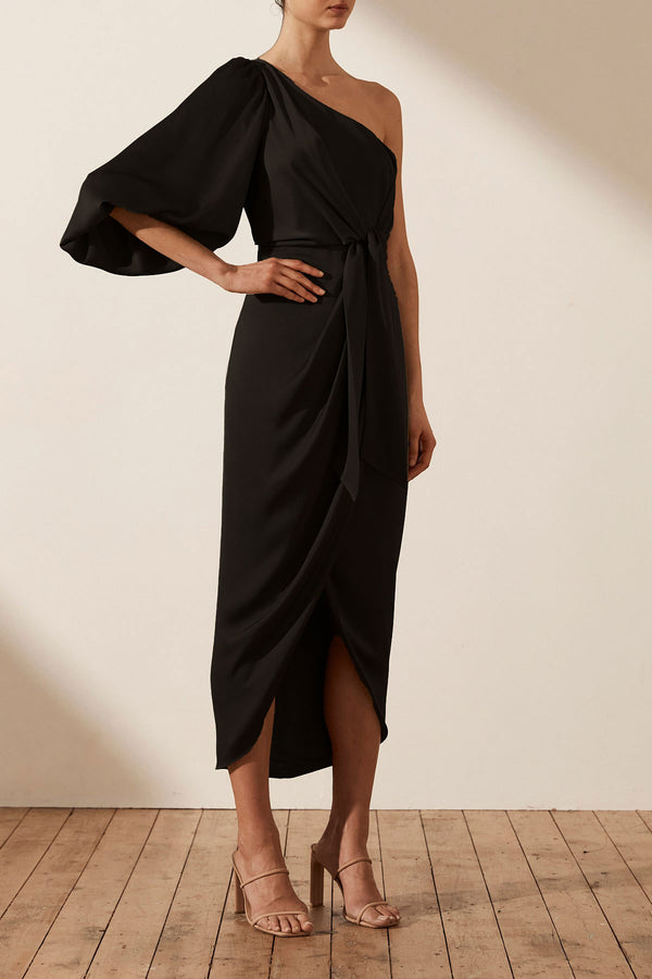 LUXE TIE FRONT ONE SHOULDER DRESS - ONYX_A
