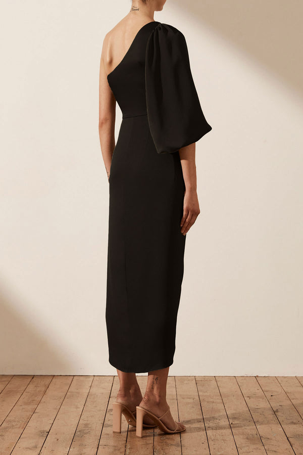 LUXE TIE FRONT ONE SHOULDER DRESS - ONYX_B