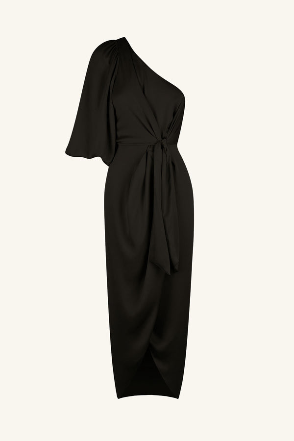 LUXE TIE FRONT ONE SHOULDER DRESS - ONYX_G