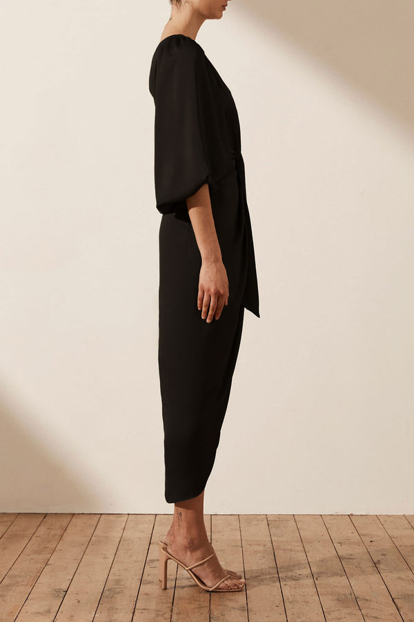 LUXE TIE FRONT ONE SHOULDER DRESS - ONYX_S