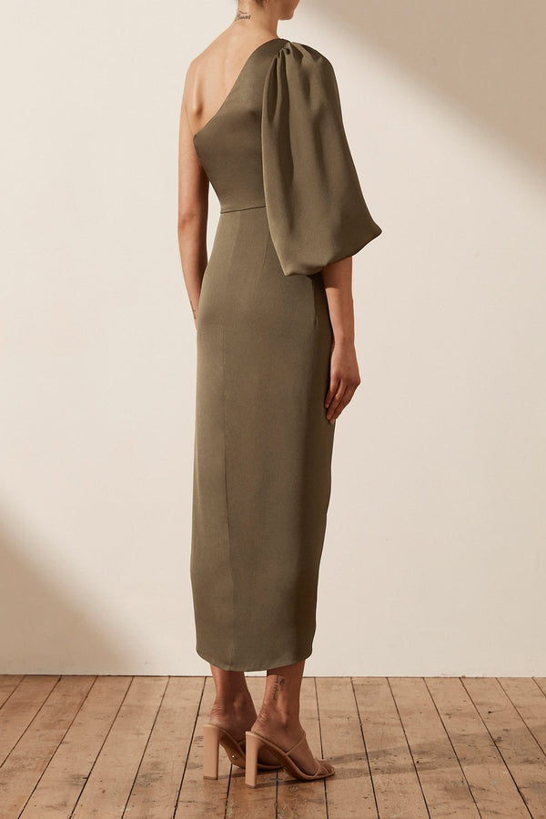 LUXE TIE FRONT ONE SHOULDER DRESS - PINE_B