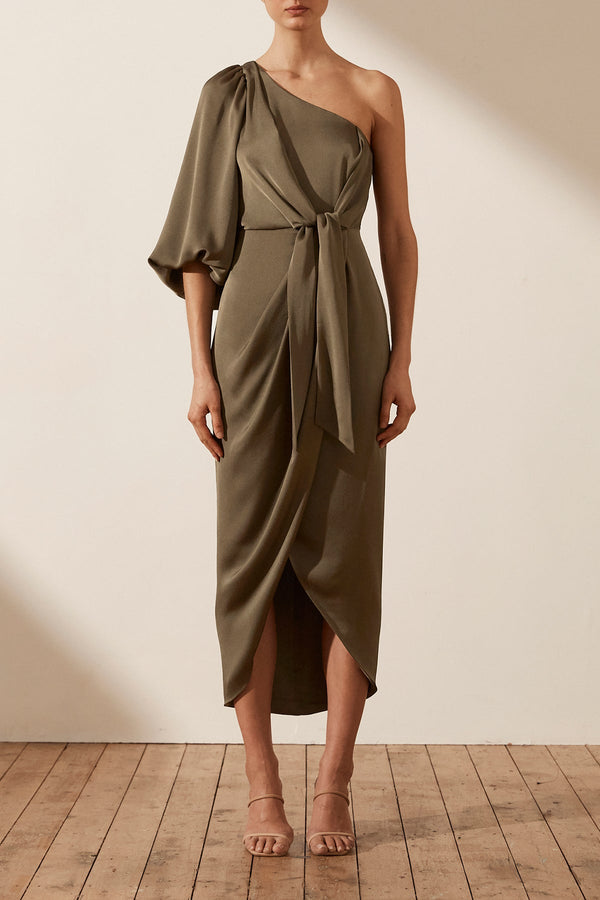 LUXE TIE FRONT ONE SHOULDER DRESS - PINE_F