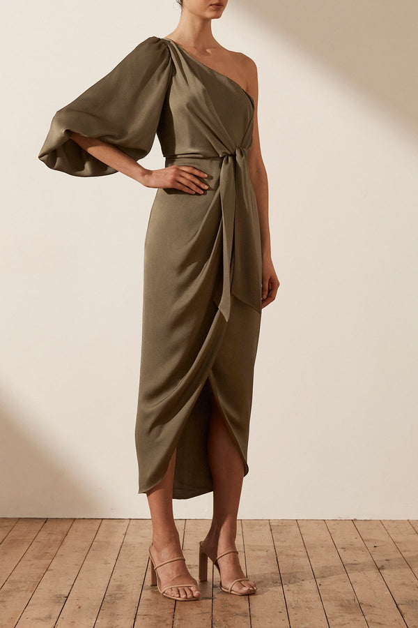 LUXE TIE FRONT ONE SHOULDER DRESS - PINE_P