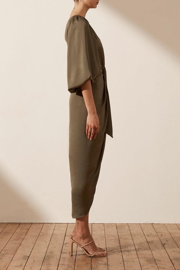 LUXE TIE FRONT ONE SHOULDER DRESS - PINE_S
