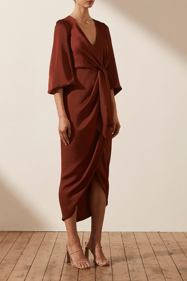 LUXE TIE FRONT BALLOON SLEEVE MIDI DRESS - SANGRIA_A