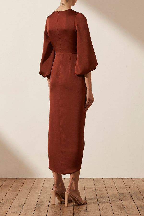 LUXE TIE FRONT BALLOON SLEEVE MIDI DRESS - SANGRIA_B