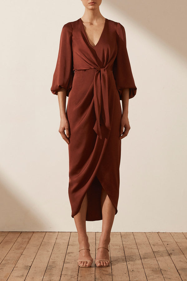 LUXE TIE FRONT BALLOON SLEEVE MIDI DRESS - SANGRIA_F