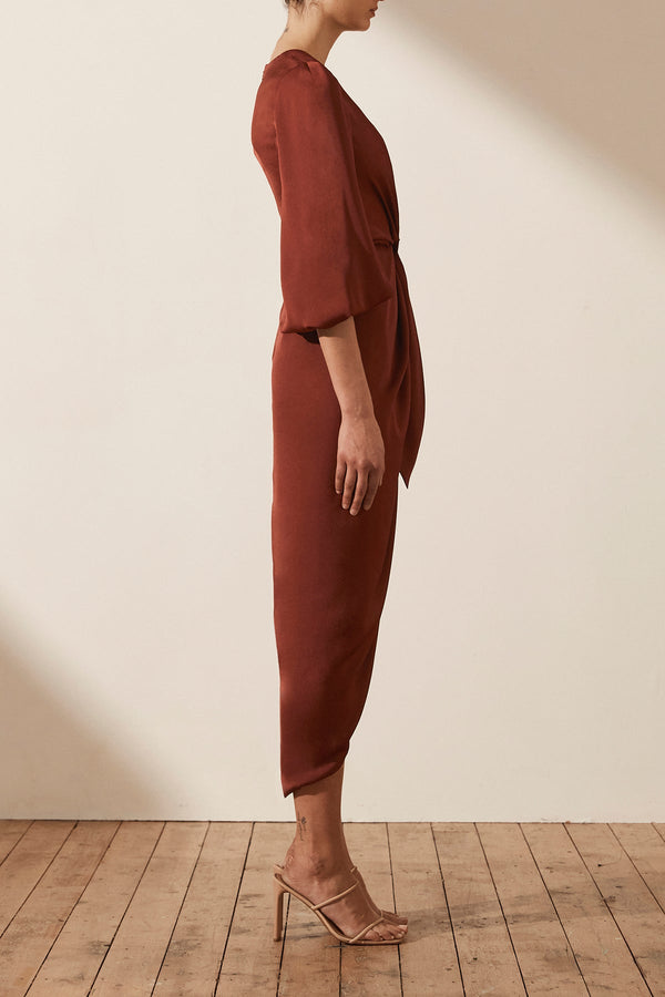 LUXE TIE FRONT BALLOON SLEEVE MIDI DRESS - SANGRIA_S