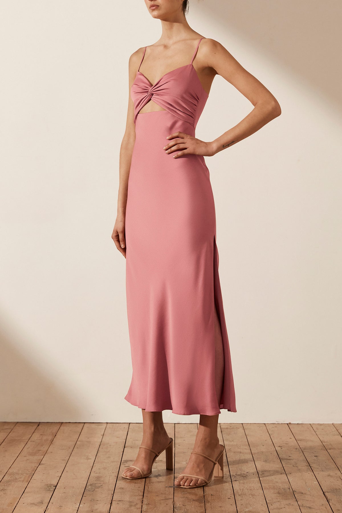 Luxe Twist Front Sleeveless Midi Dress Rose Dresses Shona Joy