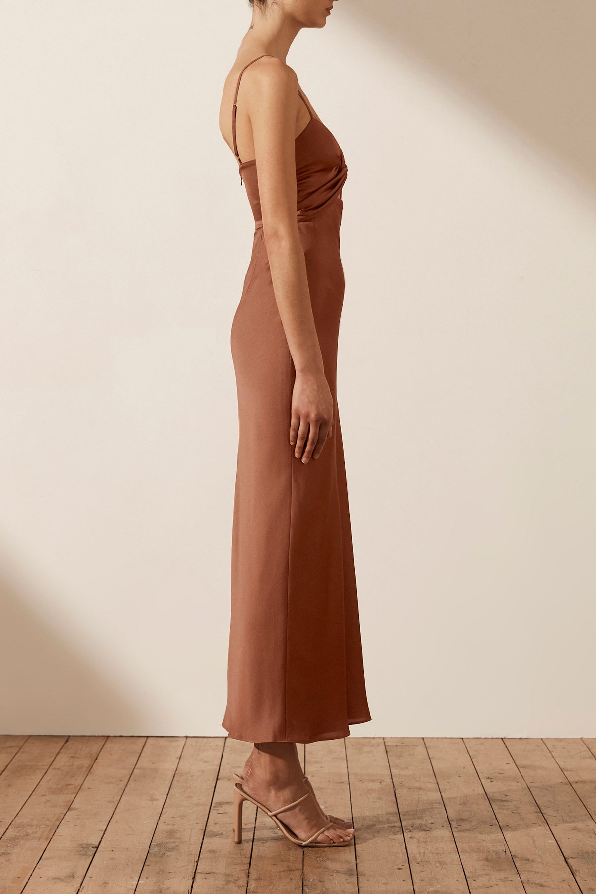 Luxe Twist Front Sleeveless Midi Dress Mocha Dresses Shona Joy