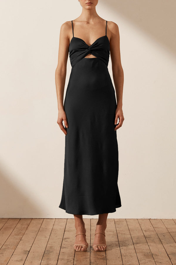 LUXE TWIST FRONT SLEEVELESS MIDI DRESS - ONYX_F