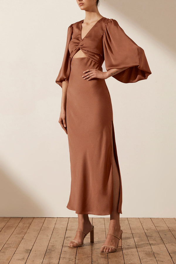 LUXE TWIST FRONT BALLOON SLEEVE MIDI DRESS - MOCHA_A