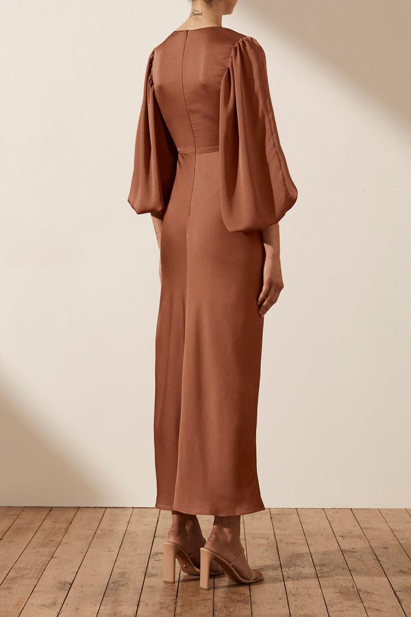 LUXE TWIST FRONT BALLOON SLEEVE MIDI DRESS - MOCHA_B