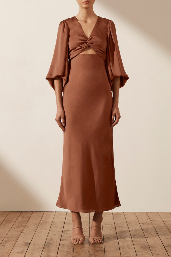 LUXE TWIST FRONT BALLOON SLEEVE MIDI DRESS - MOCHA_F