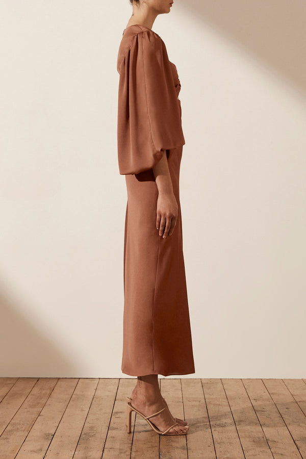 LUXE TWIST FRONT BALLOON SLEEVE MIDI DRESS - MOCHA_S