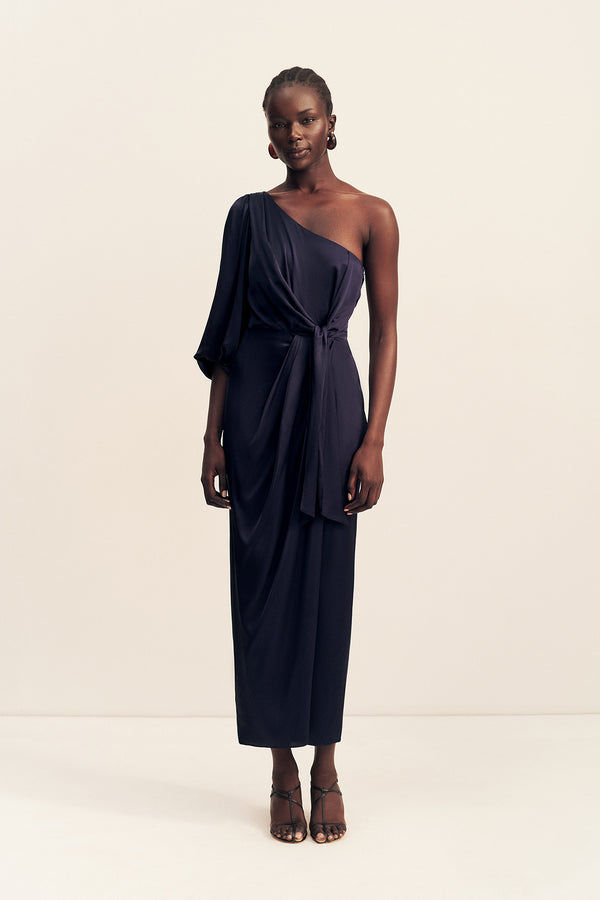LUMIERE TIE FRONT ONE SHOULDER MIDI DRESS - NIGHT SKY_F