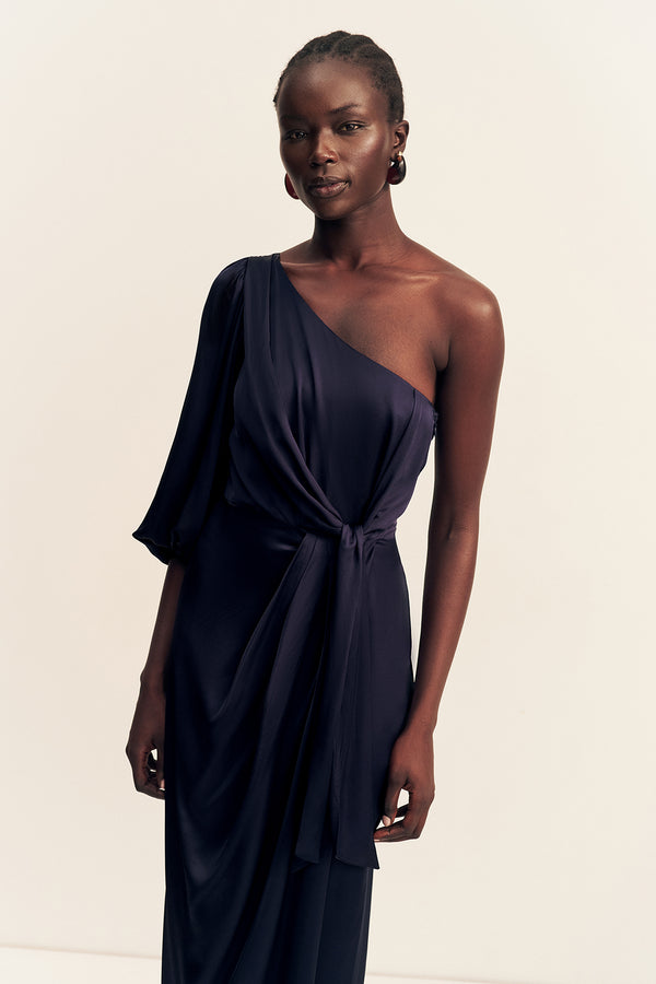 LUMIERE TIE FRONT ONE SHOULDER MIDI DRESS - NIGHT SKY