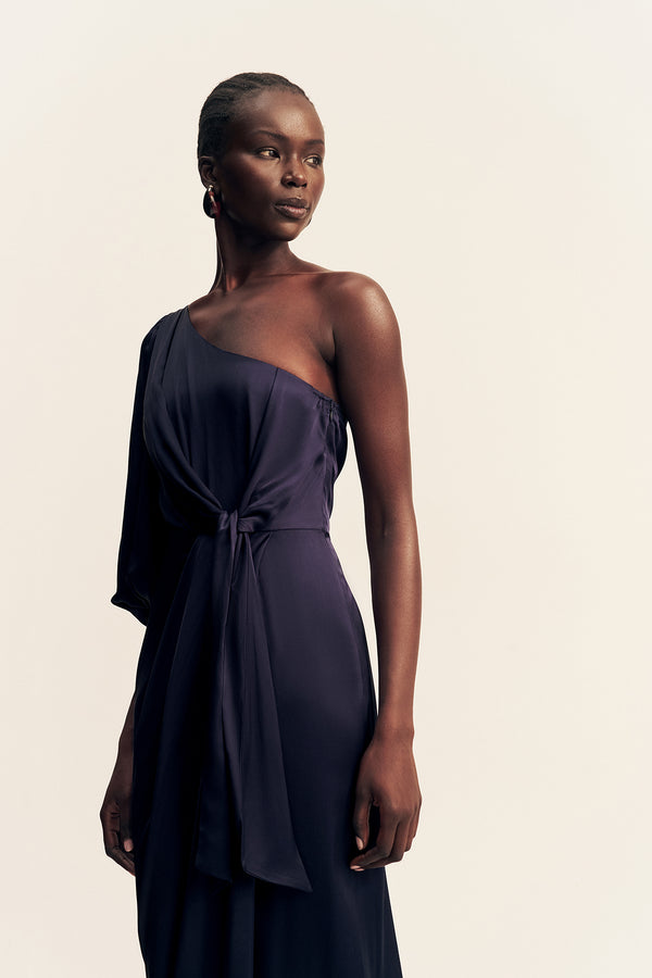 LUMIERE TIE FRONT ONE SHOULDER MIDI DRESS - NIGHT SKY