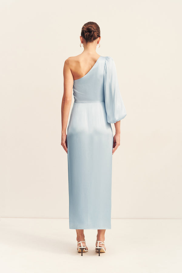 LUMIERE TIE FRONT ONE SHOULDER MIDI DRESS - CLOUD DRIFT