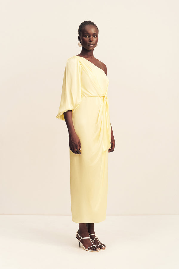 LUMIERE TIE FRONT ONE SHOULDER MIDI DRESS - GOLDEN HOUR