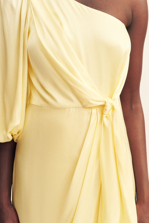 LUMIERE TIE FRONT ONE SHOULDER MIDI DRESS - GOLDEN HOUR