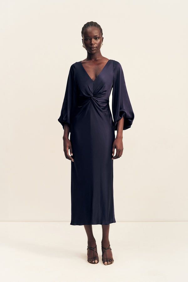 LUMIERE KNOT FRONT MIDI DRESS - NIGHT SKY_F