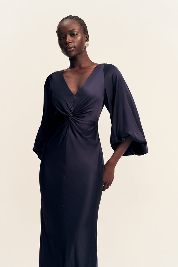 LUMIERE KNOT FRONT MIDI DRESS - NIGHT SKY