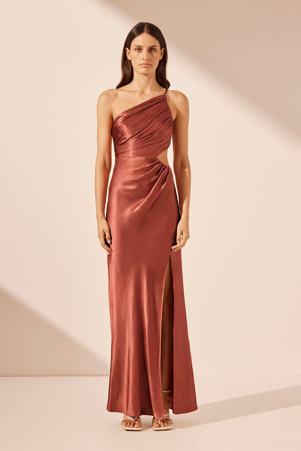 LA LUNE ASYMMETRICAL GATHERED MAXI DRESS - TERRACOTTA_F