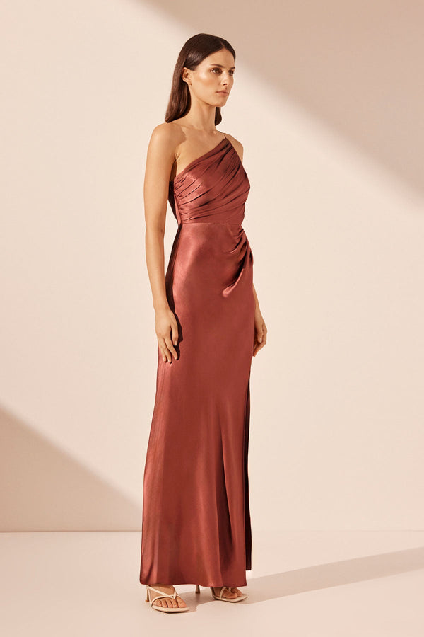LA LUNE ASYMMETRICAL GATHERED MAXI DRESS - TERRACOTTA_A
