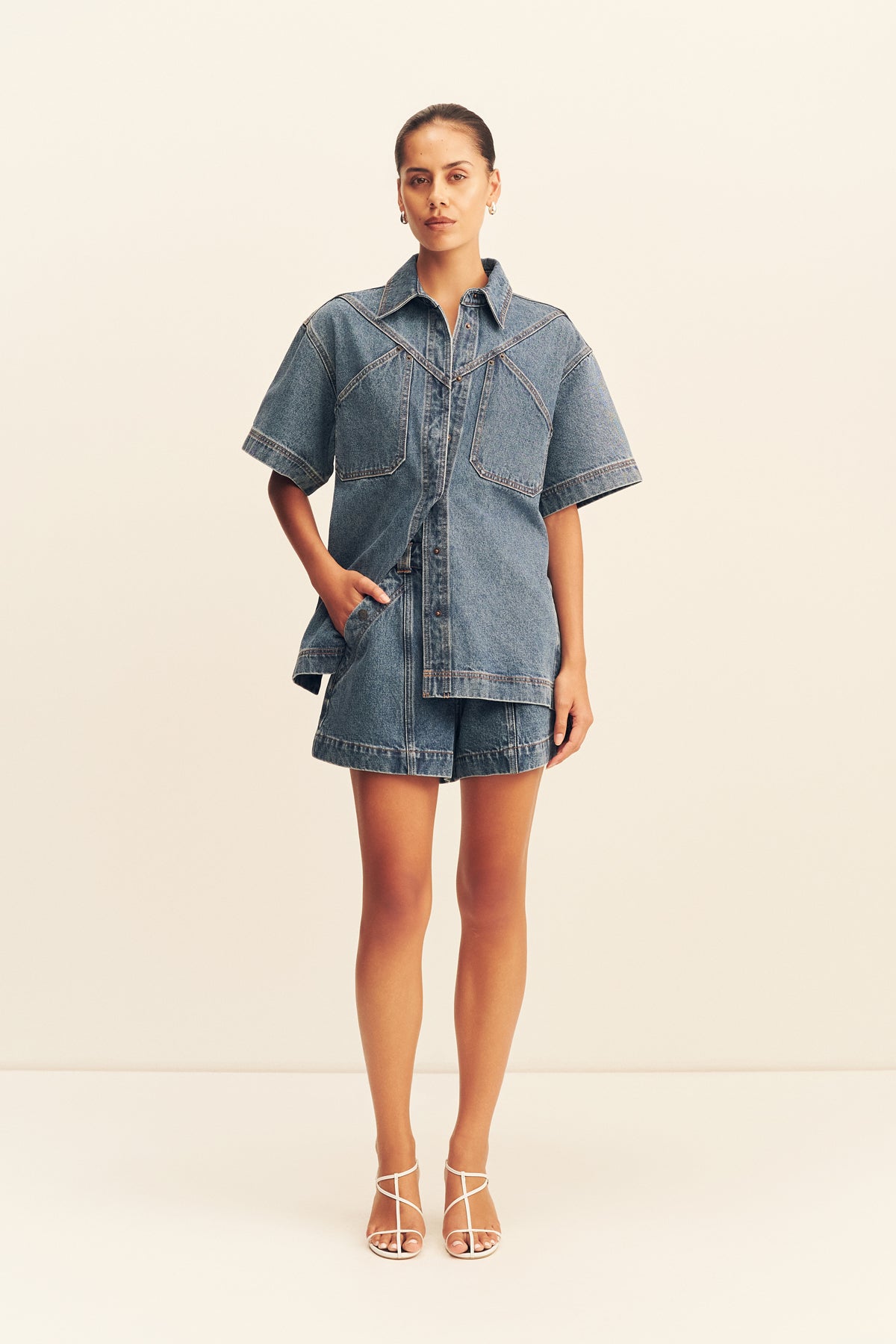 Raquel High Waisted Flared Short | Vintage Blue | Shorts | Shona Joy