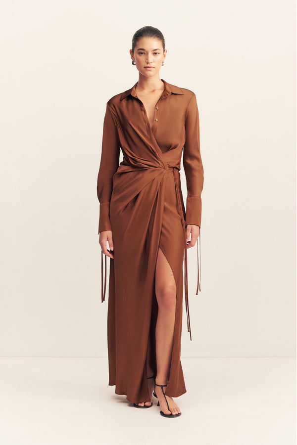 SHAE DRAPED SHIRT MAXI DRESS - CHOCOLATE_F