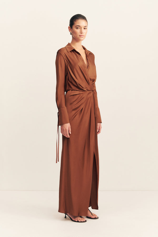 SHAE DRAPED SHIRT MAXI DRESS - CHOCOLATE_A