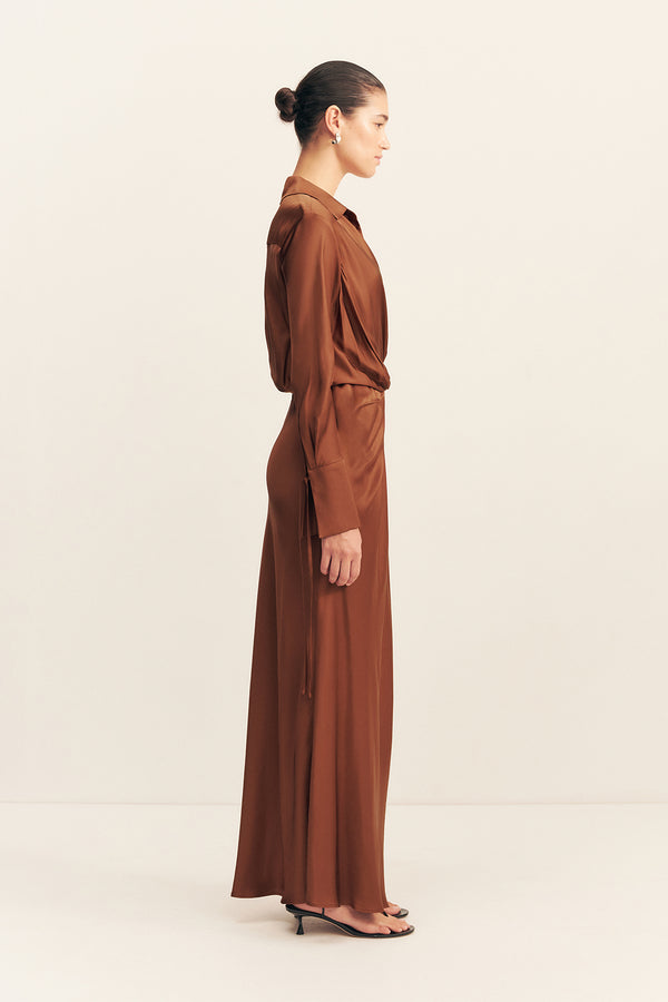 SHAE DRAPED SHIRT MAXI DRESS - CHOCOLATE_S