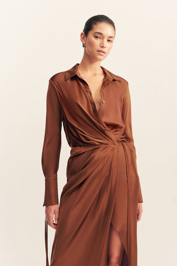 SHAE DRAPED SHIRT MAXI DRESS - CHOCOLATE_D