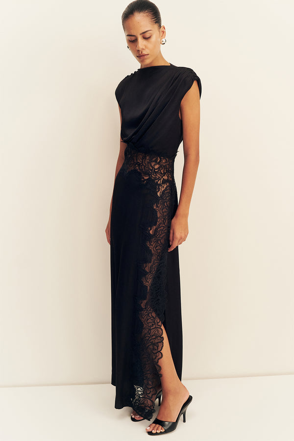 ENIKO LACE GATHERED MAXI DRESS - BLACK