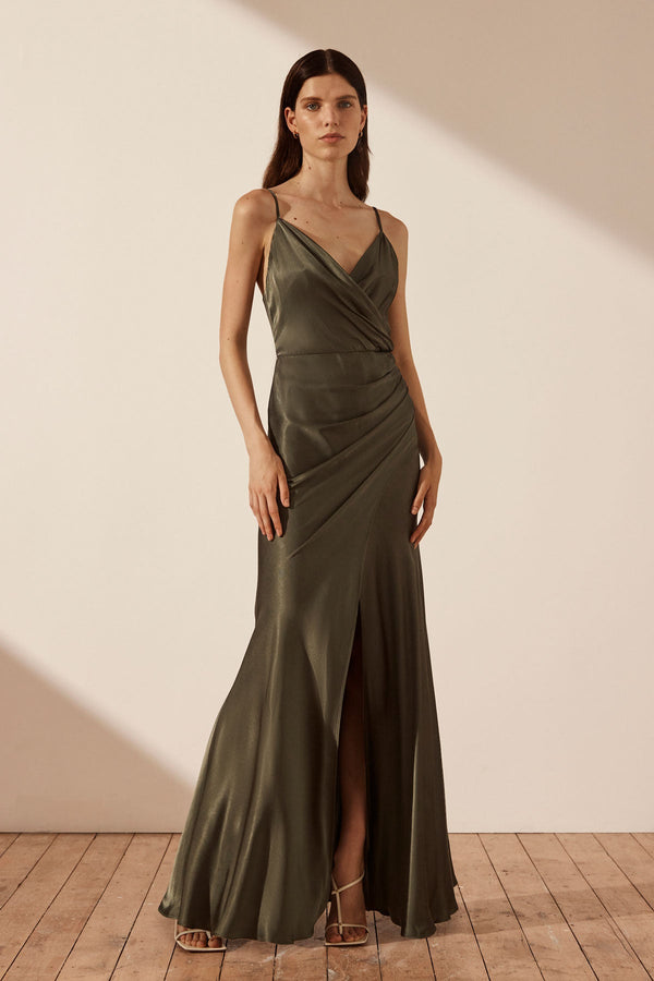 LA LUNE CROSS DRAPED MAXI DRESS - FOREST_F
