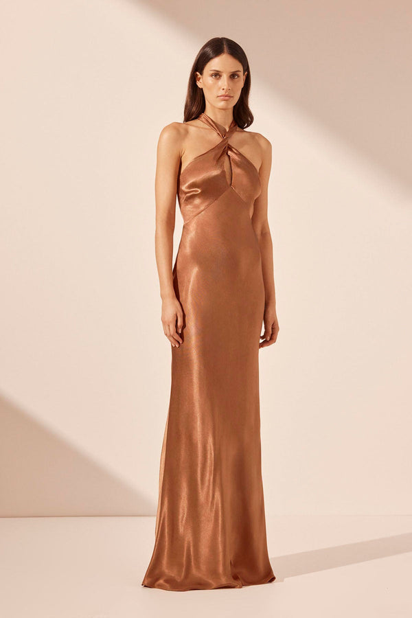 LA LUNE HIGH NECK TWIST MAXI DRESS - ALMOND_A