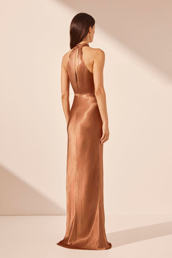 LA LUNE HIGH NECK TWIST MAXI DRESS - ALMOND_B
