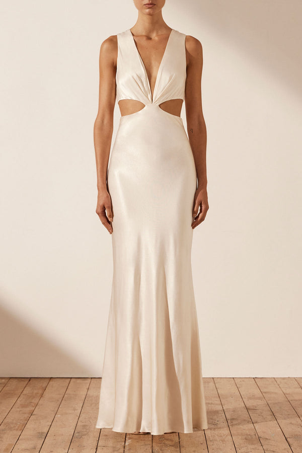 LA LUNE PLUNGED CUT OUT MAXI DRESS - CREAM_F