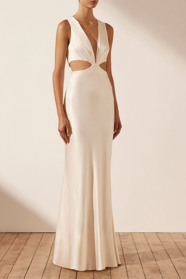 LA LUNE PLUNGED CUT OUT MAXI DRESS - CREAM_A
