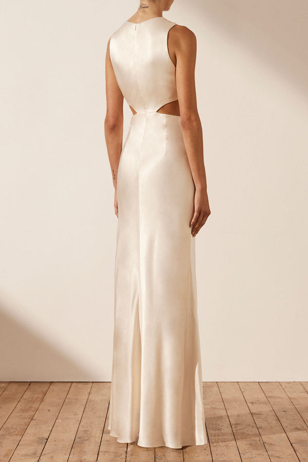 LA LUNE PLUNGED CUT OUT MAXI DRESS - CREAM_B