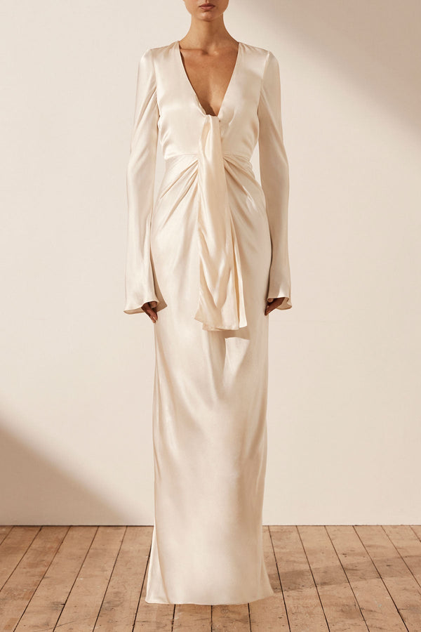 LA LUNE PLUNGED TIE FRONT MAXI DRESS - CREAM_F