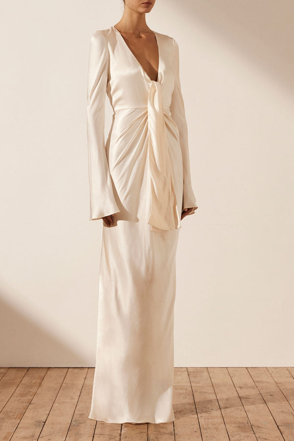 LA LUNE PLUNGED TIE FRONT MAXI DRESS - CREAM_A