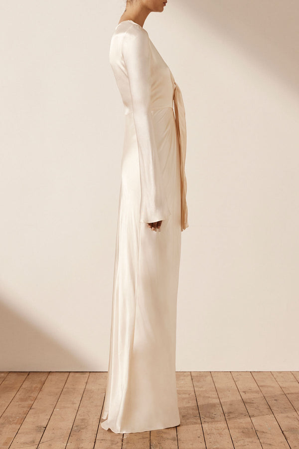 LA LUNE PLUNGED TIE FRONT MAXI DRESS - CREAM_S