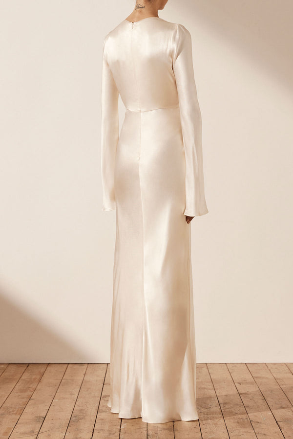 LA LUNE PLUNGED TIE FRONT MAXI DRESS - CREAM_B